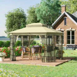 Outsunny 3.7 X 3(m) Patio Gazebo Garden Shelter W/ Mosquito Netting, Beige 4 Outsunny 3.7 X 3(m) Patio Gazebo Garden Shelter W/ Mosquito Netting, Beige -Outsunny store 52796777 3