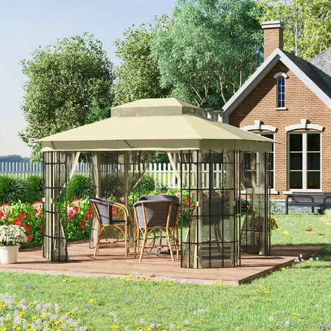 Outsunny 3.7 x 3(m) Patio Gazebo Garden Shelter w/ Mosquito Netting, Beige Outsunny 3.7 X 3(m) Patio Gazebo Garden Shelter W/ Mosquito Netting, Beige -Outsunny store 52796777 3