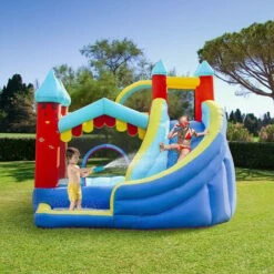 Outsunny Kids Bouncy Castle With Slide Pool Trampoline Climbing Wall W/ Blower -Outsunny store 52977772 3