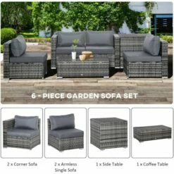 Outsunny 6Pcs Rattan Sofa Set Garden Sectional Garden Wicker Furniture Cushion -Outsunny store 52977795 5