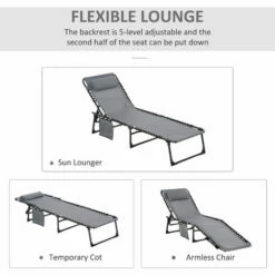 Outsunny Lounger Folding Reclining Camping Bed 5-position Adjustable Grey -Outsunny store 53164689 4