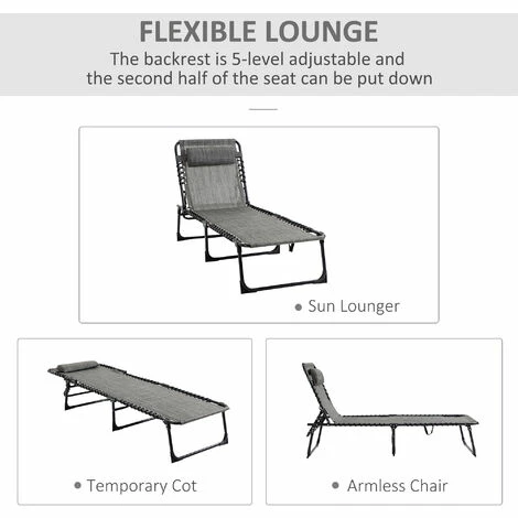 Outsunny Lounger Folding Reclining Camping Bed 5-position Adjustable Mixed Grey 6 Outsunny Lounger Folding Reclining Camping Bed 5-position Adjustable Mixed Grey - Image 4