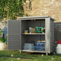 Outsunny Garden Storage Shed Solid Fir Wood Garage Organisation W/ Doors Grey -Outsunny store 53332045 3