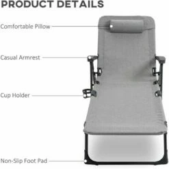 Outsunny Folding Chaise Lounge, Garden Lounger Headrest Cup Holder, Light Grey 5 Outsunny Folding Chaise Lounge, Garden Lounger Headrest Cup Holder, Light Grey -Outsunny store 53486720 4