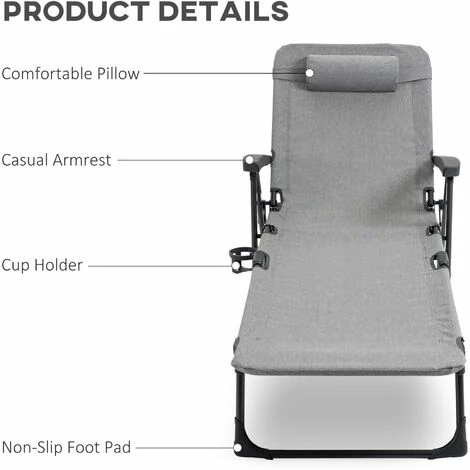 Outsunny Folding Chaise Lounge, Garden Lounger Headrest Cup Holder, Light Grey Outsunny Folding Chaise Lounge, Garden Lounger Headrest Cup Holder, Light Grey -Outsunny store 53486720 4