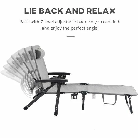 Outsunny Folding Chaise Lounge, Garden Lounger Headrest Cup Holder, Light Grey Outsunny Folding Chaise Lounge, Garden Lounger Headrest Cup Holder, Light Grey -Outsunny store 53486720 5