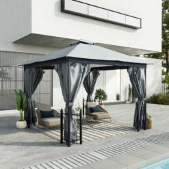 Outsunny 4 X 3.35(m) Steel Frame Patio Gazebo Canopy W/ 2 Tier Roof, Grey -Outsunny store 53592924 3