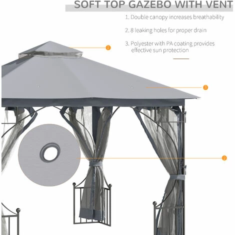 Outsunny Gazebo Party Tent Canopy Sun Shade For Patio Garden Light Grey 3x3(m) 6 Outsunny Gazebo Party Tent Canopy Sun Shade For Patio Garden Light Grey 3x3(m) - Image 4