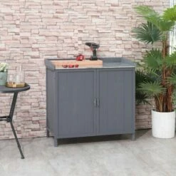 Outsunny Garden Storage Cabinet Potting Bench Table With Galvanized Top, Grey -Outsunny store 53630428 3