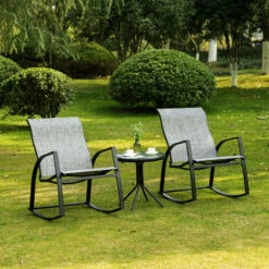 Outsunny 3 Pieces Outdoor Rocking Chairs Set W/ Tempered Glass Table For Garden -Outsunny store 53918188 3