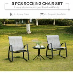 Outsunny 3 Pieces Outdoor Rocking Chairs Set W/ Tempered Glass Table For Garden -Outsunny store 53918188 5