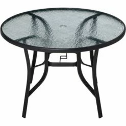 Outsunny 106cm Round Garden Dining Table With Parasol Hole Tempered Glass Top