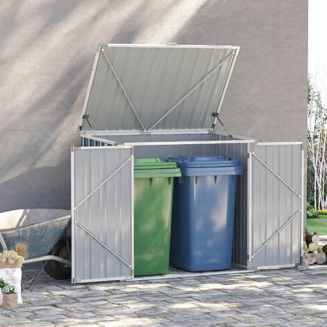 Outsunny 2-Bin Steel Rubbish Storage Shed W/ Double Locking Doors, Openable Lid 5 Outsunny 2-Bin Steel Rubbish Storage Shed W/ Double Locking Doors, Openable Lid - Image 3