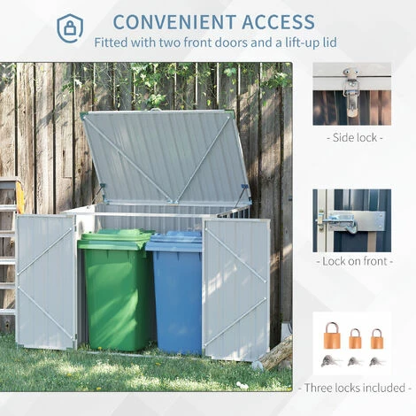 Outsunny 2-Bin Steel Rubbish Storage Shed W/ Double Locking Doors, Openable Lid 7 Outsunny 2-Bin Steel Rubbish Storage Shed W/ Double Locking Doors, Openable Lid - Image 5