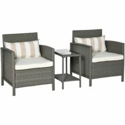 Outsunny 3 PC Outdoor Rattan Sofa Set W/ Chairs Coffee Table Cushion Light Grey
