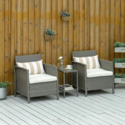Outsunny 3 PC Outdoor Rattan Sofa Set W/ Chairs Coffee Table Cushion Light Grey -Outsunny store 54339449 3