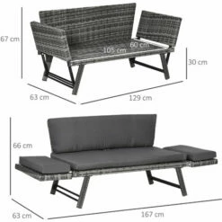 Outsunny 2 In 1Rattan Folding Chaise Lounger W/ Cushion For Garden Mixed Grey -Outsunny store 54395720 2