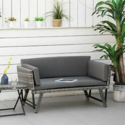 Outsunny 2 In 1Rattan Folding Chaise Lounger W/ Cushion For Garden Mixed Grey -Outsunny store 54395720 3