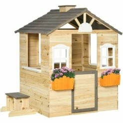 Outsunny Wooden Kids Playhouse W/ Door, Windows, Bench, For Ages 3-7 Years