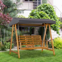 Outsunny 3 Seater Wooden Garden Swing Chair Hammock With Adjustable Canopy -Outsunny store 54691269 3
