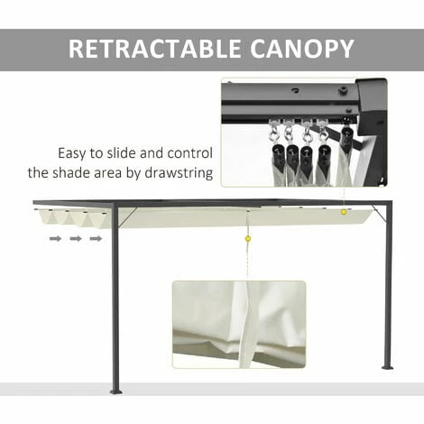Outsunny 4 x 3(m) Outdoor Pergola Retractable Canopy Wall Mounted Gazebo, Beige Outsunny 4 X 3(m) Outdoor Pergola Retractable Canopy Wall Mounted Gazebo, Beige -Outsunny store 54834335 4