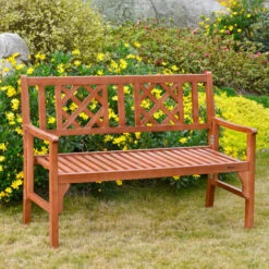 Outsunny Foldable Garden Bench, 2-Seater Patio Wooden Bench W/ Backrest Brown -Outsunny store 55049297 3