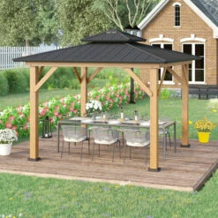 Outsunny 3.5 X 3.5m Wood Frame Hardtop Gazebo W/ Double Vented Roof, Black 4 Outsunny 3.5 X 3.5m Wood Frame Hardtop Gazebo W/ Double Vented Roof, Black -Outsunny store 55049306 3