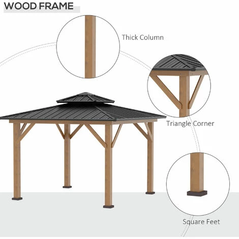 Outsunny 3.5 x 3.5m Wood Frame Hardtop Gazebo w/ Double Vented Roof, Black Outsunny 3.5 X 3.5m Wood Frame Hardtop Gazebo W/ Double Vented Roof, Black -Outsunny store 55049306 5