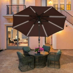 Outsunny 2.7m Garden Parasol Summer Shelter W/ LED Solar Light Crank Tilt Coffee -Outsunny store 56622411 3