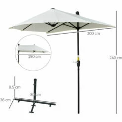 Outsunny 2m Half Garden Parasol Market Umbrella W/ Crank Handle, Base Cream -Outsunny store 59123885 2