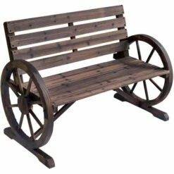 Outsunny 2 Seater Garden Bench W/ Wooden Cart Wagon Wheel Rustic High Back Brown