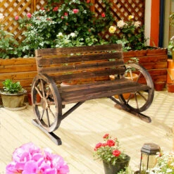 Outsunny 2 Seater Garden Bench W/ Wooden Cart Wagon Wheel Rustic High Back Brown -Outsunny store 6653167 3