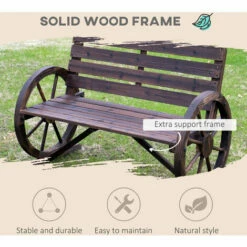 Outsunny 2 Seater Garden Bench W/ Wooden Cart Wagon Wheel Rustic High Back Brown -Outsunny store 6653167 4