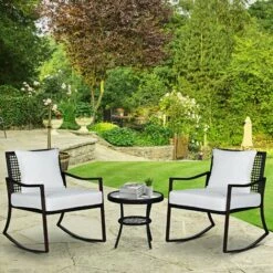 Outsunny 3 Pieces Rocking Chair Bistro Set Furniture Rattan Wicker Brown -Outsunny store 6653176 3