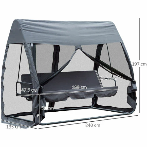 Outsunny Garden Swing Chair Patio Hammock 3 Seater Bench Canopy Lounger Grey Outsunny Garden Swing Chair Patio Hammock 3 Seater Bench Canopy Lounger Grey -Outsunny store 6760227 2