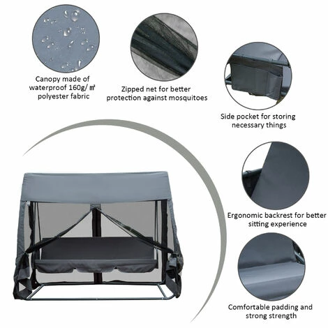 Outsunny Garden Swing Chair Patio Hammock 3 Seater Bench Canopy Lounger Grey Outsunny Garden Swing Chair Patio Hammock 3 Seater Bench Canopy Lounger Grey -Outsunny store 6760227 4