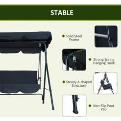 Outsunny Outdoor Metal Hammock Swing Chair 3-Seater Patio Bench Garden Black -Outsunny store 6760228 5