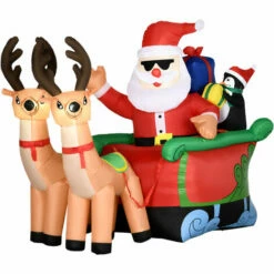 Outsunny 6' Inflatable Christmas Santa Claus And Penguin On Sleigh W/ Reindeer