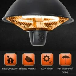 Outsunny 600W Electric Heater Ceiling Hanging Halogen Light W/ Hook Chain Black -Outsunny store 7186695 5