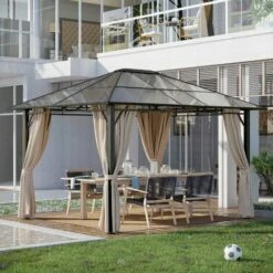 Outsunny 3.6x3(m) Hardtop Gazebo Garden Pavilion W/ Polycarbonate Roof, Brown -Outsunny store 7586160 3