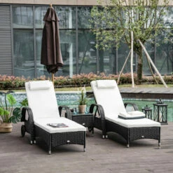 Outsunny 3 PCS Rattan Lounger Recliner Bed Garden Furniture Set W/ Side Table -Outsunny store 7792435 3