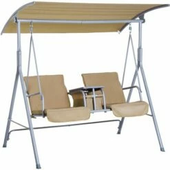 Outsunny 2 Person Covered Patio Swing With Pivot Table & Storage Console Beige