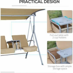 Outsunny 2 Person Covered Patio Swing With Pivot Table & Storage Console Beige -Outsunny store 7842296 5