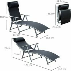 Outsunny Sun Lounger Recliner W/ Pillow Foldable 7 Levels Textilene Black -Outsunny store 8222152 2