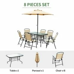 Outsunny 8 Pieces Dining Set Furniture Foldable Chair Table Parasol Beige Garden -Outsunny store 8222156 4