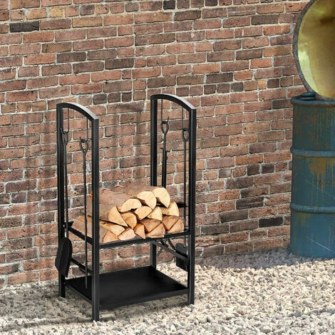 Outsunny Firewood Rack Log Holder Wood Storage With Hooks 4 Tools Black 4 Outsunny Firewood Rack Log Holder Wood Storage With Hooks 4 Tools Black - Image 3