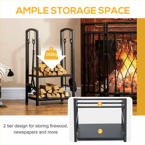 Outsunny Firewood Rack Log Holder Wood Storage With Hooks 4 Tools Black 5 Outsunny Firewood Rack Log Holder Wood Storage With Hooks 4 Tools Black - Image 4