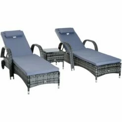 Outsunny 3 PCS Rattan Lounger Recliner Bed Garden Furniture Set W/ Side Table